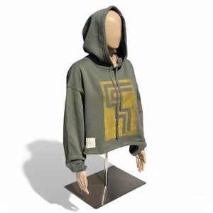 Crop Hoodie in Army w Ochre Print sz L