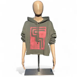 Crop Hoodie in Army w Flicker Pink Print sz M
