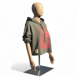 Crop Hoodie in Army w Flicker Pink Print sz M