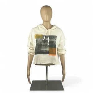 Crop Hoodie, Abstract Collection, in Ivory w Mud, Mustard & Vibrant Orange szL