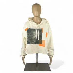 Crop Hoodie, Abstract Collection, in Ivory w Mud & Vibrant Orange szL