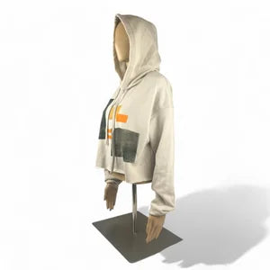 Crop Hoodie, Abstract Collection, in Ivory w Mud, Ochre & Vibrant Orange szM