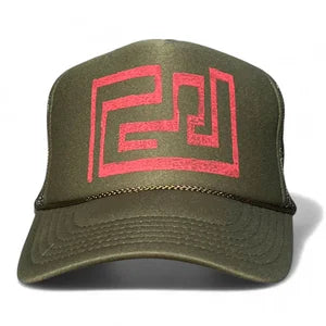 Trucker Hat Army Green w Watermelon Pink Print