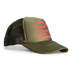 Trucker Hat Army Green w Watermelon Pink Print
