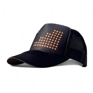 Trucker Hat in Black w Coral & Electric Blue