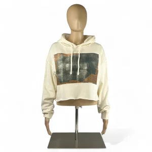 Crop Hoodie in Ivory with Orange & Mud Print szM
