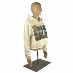 Crop Hoodie in Ivory with Orange & Mud Print szM