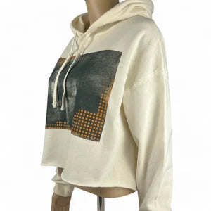 Crop Hoodie in Ivory with Orange & Mud Print szM