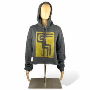 Crop Hoodie in Dark Grey w Golden Yellow Print szM