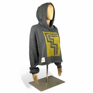 Crop Hoodie in Dark Grey w Golden Yellow Print szM