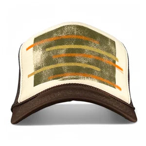 Trucker Hat in Brown & Creme w Mud, Yellow & Orange Print