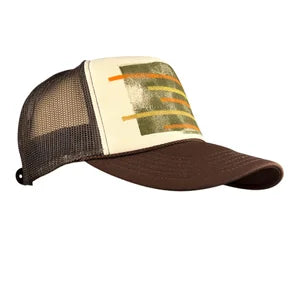 Trucker Hat in Brown & Creme w Mud, Yellow & Orange Print