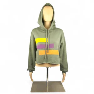 Crop Hoodie in Army w Yellow, Grape & Tangerine Orange szM