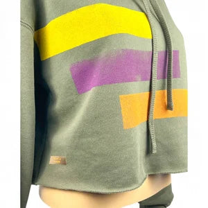 Crop Hoodie in Army w Yellow, Grape & Tangerine Orange szM